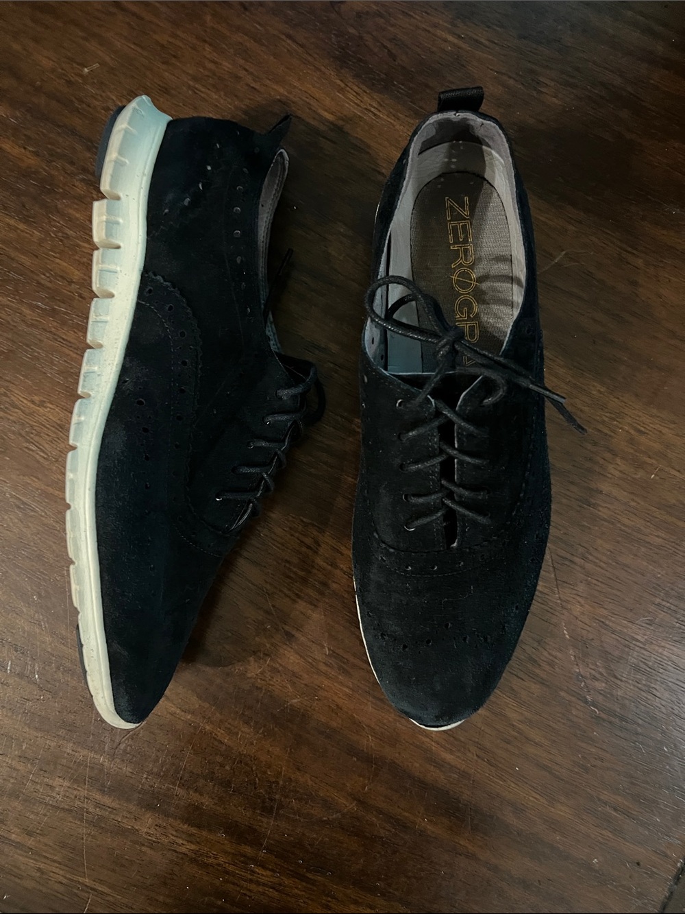 Cole Haan Black Suede Wingtip Oxfords with White Sole